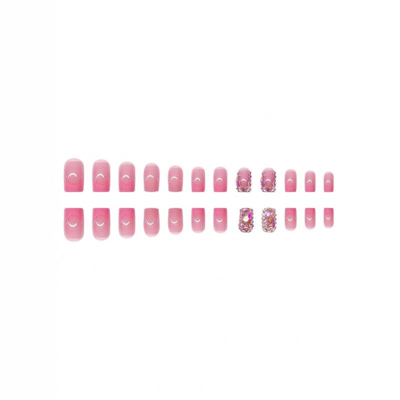 NBNTGH 48 Pcs Diamond Press on Nails Pink Press on Toenails Set Square Fake Nails with Design French Tip Glue on Nails Glossy Artificial Acrylic Full Cover False Toe Nails Stick on Nails for Women Manicure - Image 3