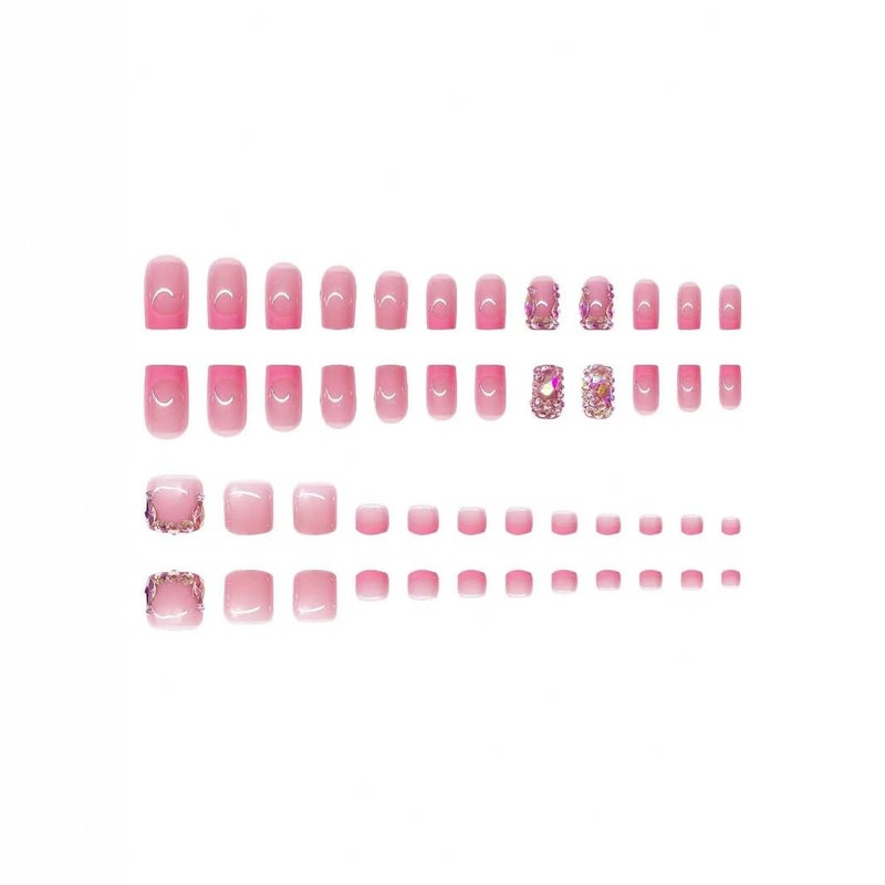 NBNTGH 48 Pcs Diamond Press on Nails Pink Press on Toenails Set Square Fake Nails with Design French Tip Glue on Nails Glossy Artificial Acrylic Full Cover False Toe Nails Stick on Nails for Women Manicure - Image 4