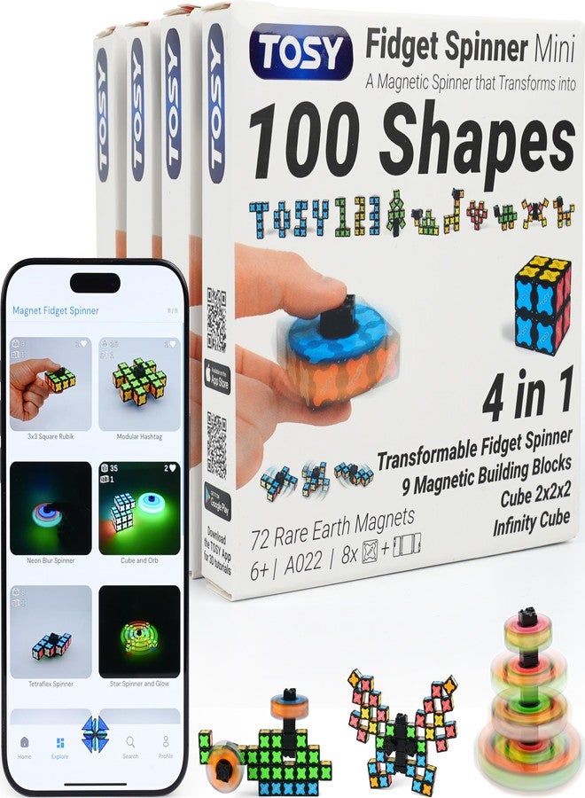 TOSY Magnet Fidget Spinner Mini - 8 Blocks, 3 in 1 Toy: Transformable Fidget Spinner, Infinity Cube, 2x2 Puzzle Cube, Stress Relief, STEM Magnet Tiles Birthday Gift for Kids/Boys/Girls/Adults, 4-Pack - Image 1