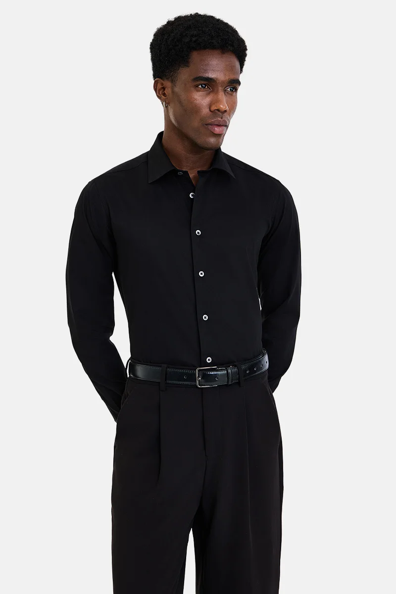 سنيتش Black Textured Long Sleeve Slim Fit Shirt