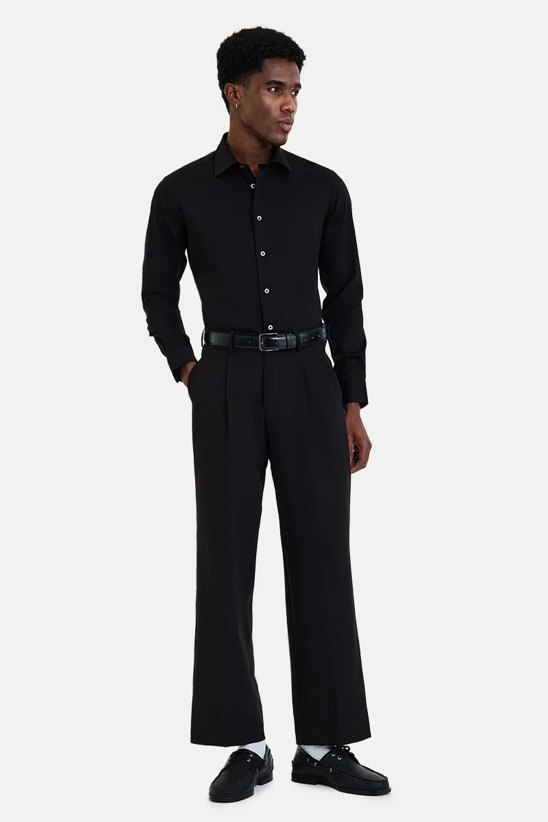 سنيتش Black Textured Long Sleeve Slim Fit Shirt