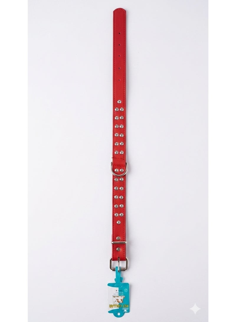 Red Studded Dog Collar, Faux Leather, Double Row Crystal Studs, Adjustable, Size L-XL