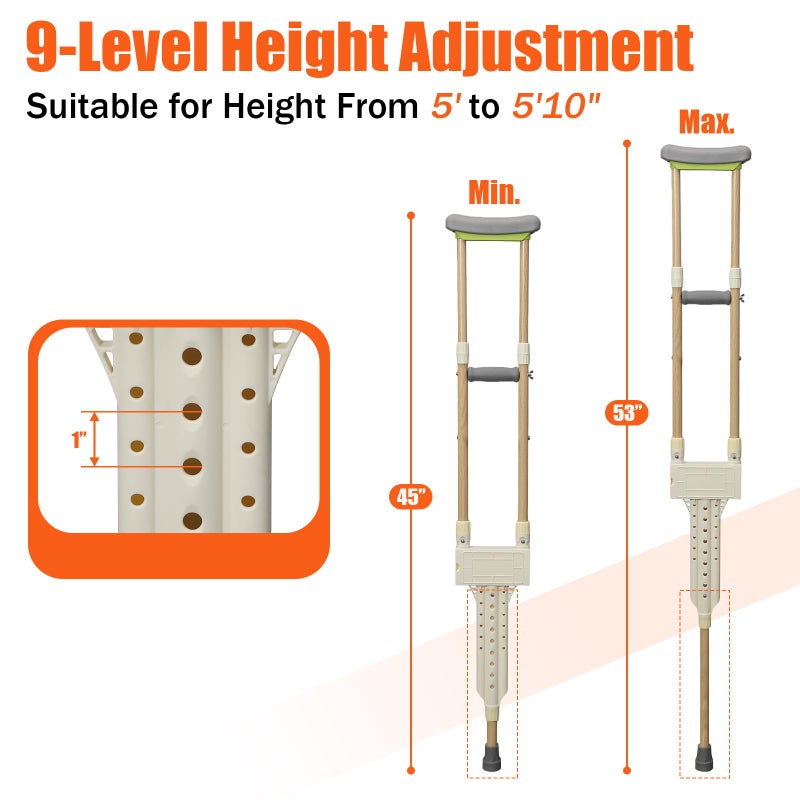 UIABOPZ Aluminum Crutches for Adults, Pair of Height Adjustable Crutch (Fits 5'0" - 5'10"), Universal & Lightweight Crutches for Kids, Women, Includes Padded Underarm Cushions, Rubber Tips, 300 lbs Capacity - Image 2