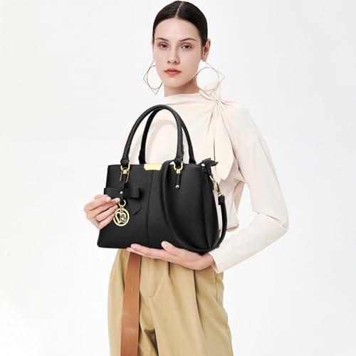 KKXIU 3 Zippered Compartments Purses and Handbags for Women Top Handle Satchel Shoulder Ladies Bags (A-Black) - Image 2