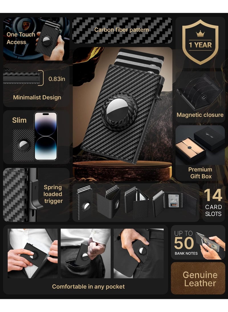 KOWVOWZ Mens Smart Wallet Card Holder for AirTag, Mens Pop Up Wallet for AirTag, RFID Blocking, Smart Slim Minimalist Carbon Fiber 9-14 Card Capacity ID Window Cash Slot - Image 2