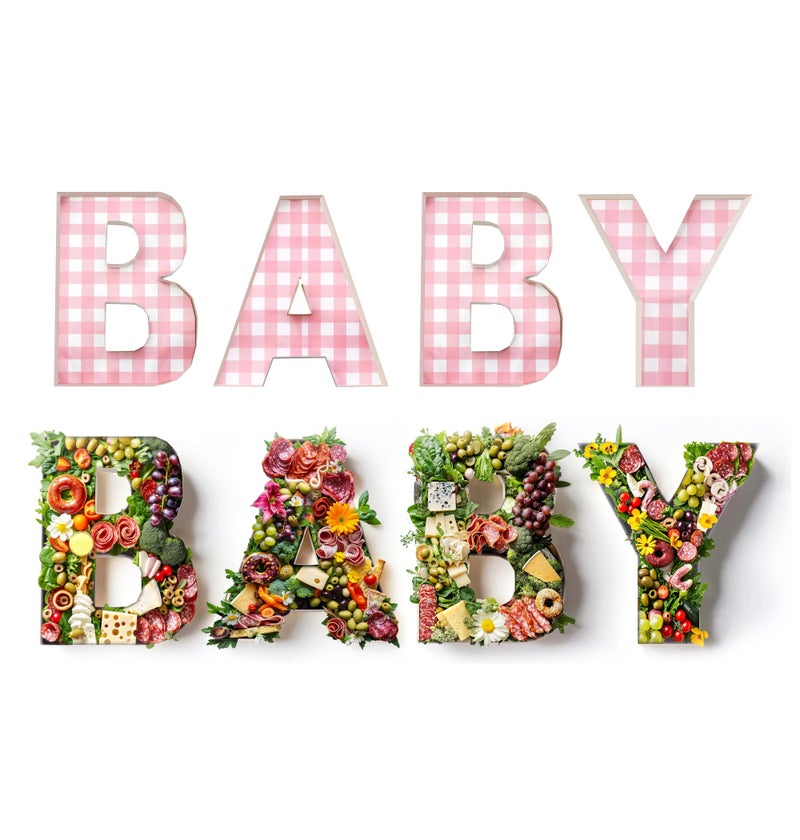 Pop Fizz Designs Charcuterie Board Letters I Baby or Bridal Shower Food Trays I Decorations Cardboard Letters for Charcuterie I Food Display Fillable Letters (Baby (Pink)) - Image 1