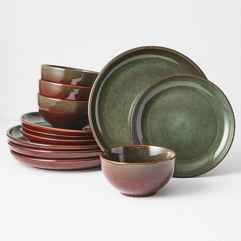 Pokini Stoneware Dinnerware Sets Service for 4, 12 pcs Reactive Glaze Plates and Bowls Sets, Handmade Ceramic Dish Set, Highly Chip and Crack Resistant Modern Plate Set, Brown Green - Image 1