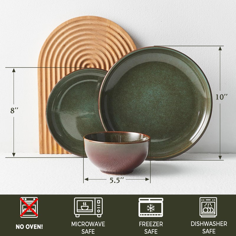 Pokini Stoneware Dinnerware Sets Service for 4, 12 pcs Reactive Glaze Plates and Bowls Sets, Handmade Ceramic Dish Set, Highly Chip and Crack Resistant Modern Plate Set, Brown Green - Image 2