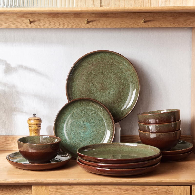Pokini Stoneware Dinnerware Sets Service for 4, 12 pcs Reactive Glaze Plates and Bowls Sets, Handmade Ceramic Dish Set, Highly Chip and Crack Resistant Modern Plate Set, Brown Green - Image 3