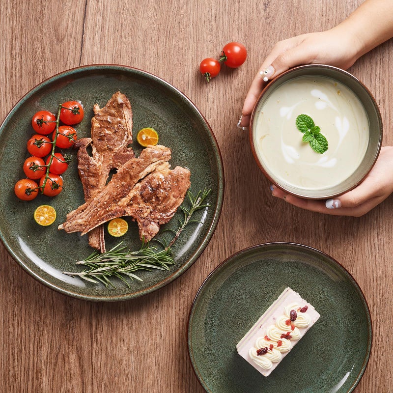 Pokini Stoneware Dinnerware Sets Service for 4, 12 pcs Reactive Glaze Plates and Bowls Sets, Handmade Ceramic Dish Set, Highly Chip and Crack Resistant Modern Plate Set, Brown Green - Image 4