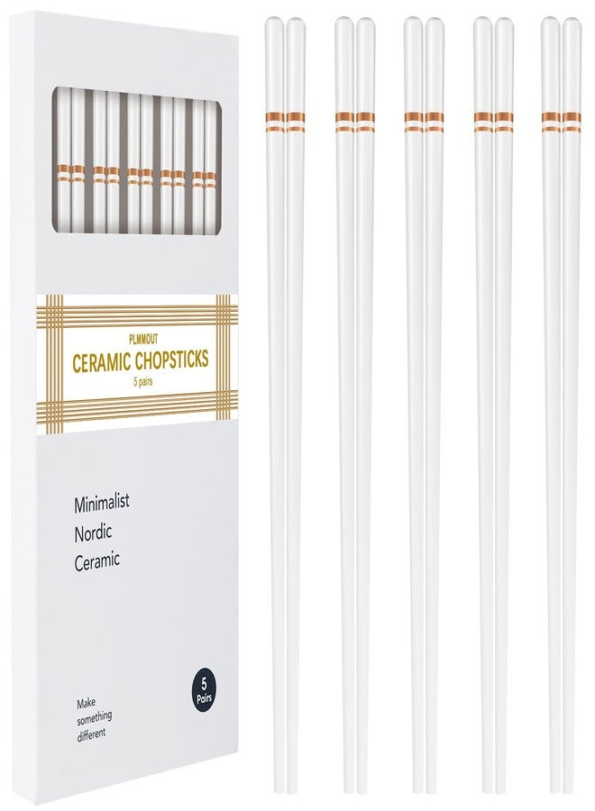 PLMMOUT Ceramic Chopsticks 5 Pairs,Reusable Chopstick Dishwasher Safe,High-grade Bone Porcelain Chopsticks,Non-Slip Chop Sticks,Chopstick Set with Delicate Box (9.75 Inch,Golden Lines) - Image 1
