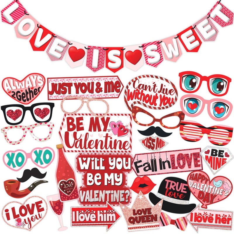 Wobbox Valentine Party Decoration Items| Happy Valentine Party Photo Booth Props for Photoshoot, Valentine Bunting Banner, Valentine Day Party Decoration Kit (FP1574) - Image 1