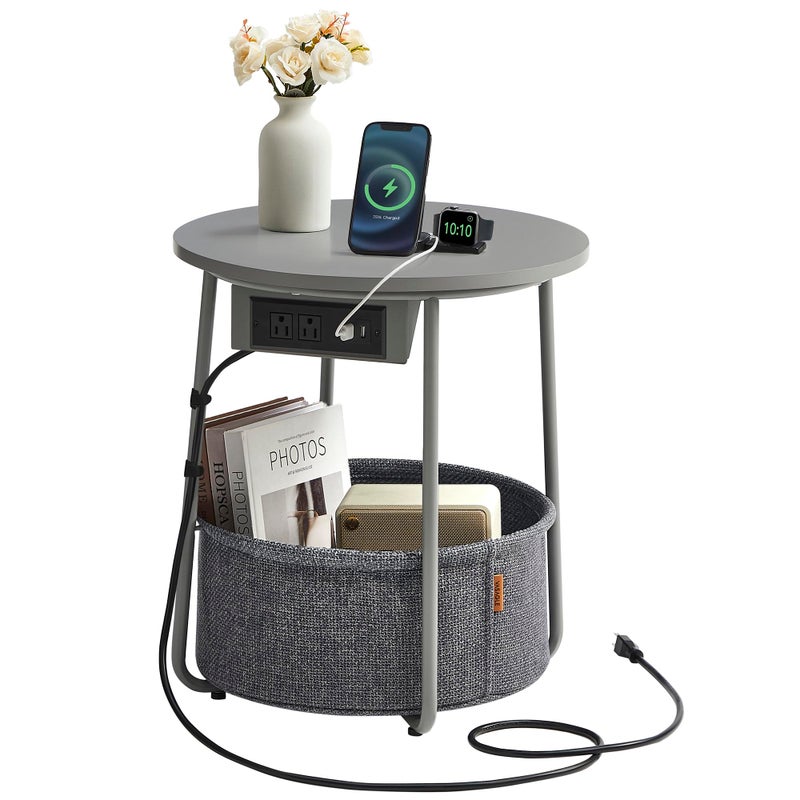 VASAGLE Side Table with Charging Station Round End Table with Fabric Basket Nightstand with Power Outlets USB Ports for Living Room Bedroom Modern Dove Gray and Slate Gray ULET228G01