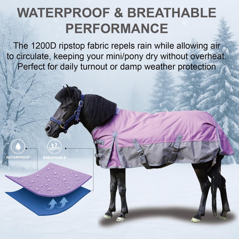 Gallopoff 1200D Ripstop Mini Horse/Pony Blanket, Medium Weight 200g Fill - Waterproof Breathable Warm Winter Turnout Blanket for Foal/Weanling/Yearling/Donkey/Mule Violetgrey 36 - Image 2