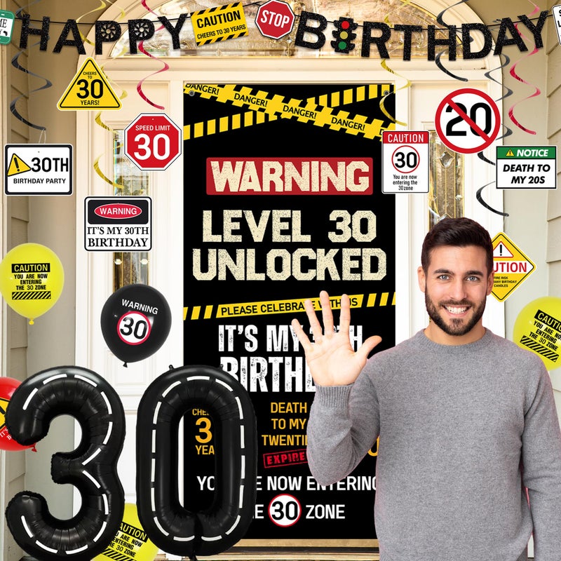 Roetyce 30th Birthday Decorations Men Women, Caution Logo Level 30 Unlocked Banner Backdrop Balloons Hanging Swirls Kit, Funny 30 Years Old Yard Wall Signs Door Cover, Black 30 Zone Party Supplies - Image 3
