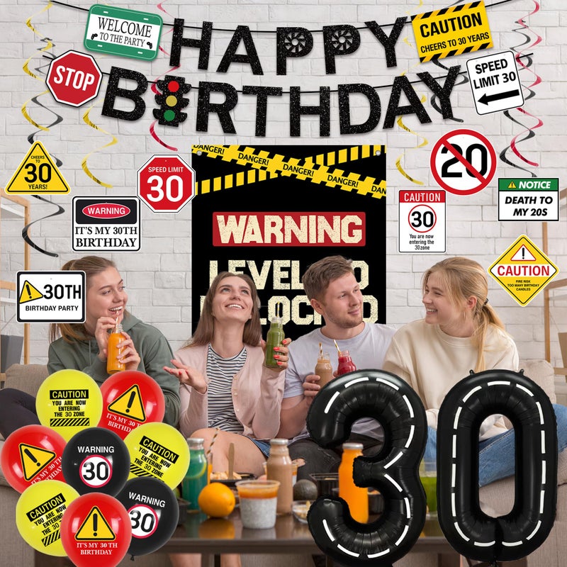Roetyce 30th Birthday Decorations Men Women, Caution Logo Level 30 Unlocked Banner Backdrop Balloons Hanging Swirls Kit, Funny 30 Years Old Yard Wall Signs Door Cover, Black 30 Zone Party Supplies - Image 5