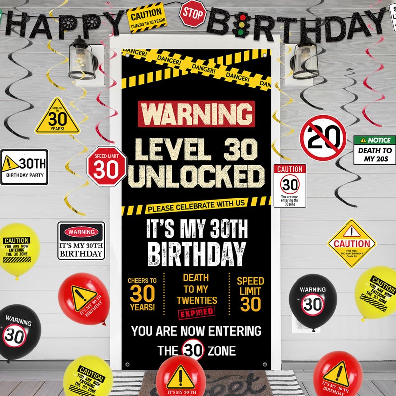 Roetyce 30th Birthday Decorations Men Women, Caution Logo Level 30 Unlocked Banner Backdrop Balloons Hanging Swirls Kit, Funny 30 Years Old Yard Wall Signs Door Cover, Black 30 Zone Party Supplies - Image 4