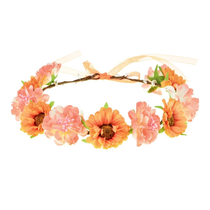 June Bloomy Rose Flower Leave Crown Bridal Halo Headband with Adjustable Ribbon A Orange