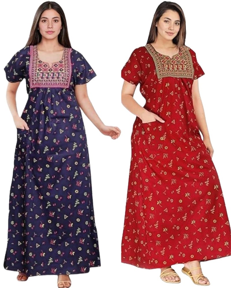 OFEEFAN Women’s Cotton Embroidered Jaipuri Nighty Gown – Pack of 2 Rajasthani Print Maxi Night Dress with Pocket – Soft & Comfortable Ladies Sleepwear & Loungewear (Red,DarkBlue, Free Size) - Image 1