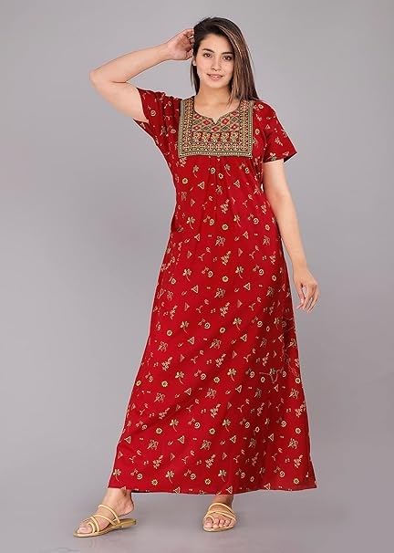 OFEEFAN Women’s Cotton Embroidered Jaipuri Nighty Gown – Pack of 2 Rajasthani Print Maxi Night Dress with Pocket – Soft & Comfortable Ladies Sleepwear & Loungewear (Red,DarkBlue, Free Size) - Image 3