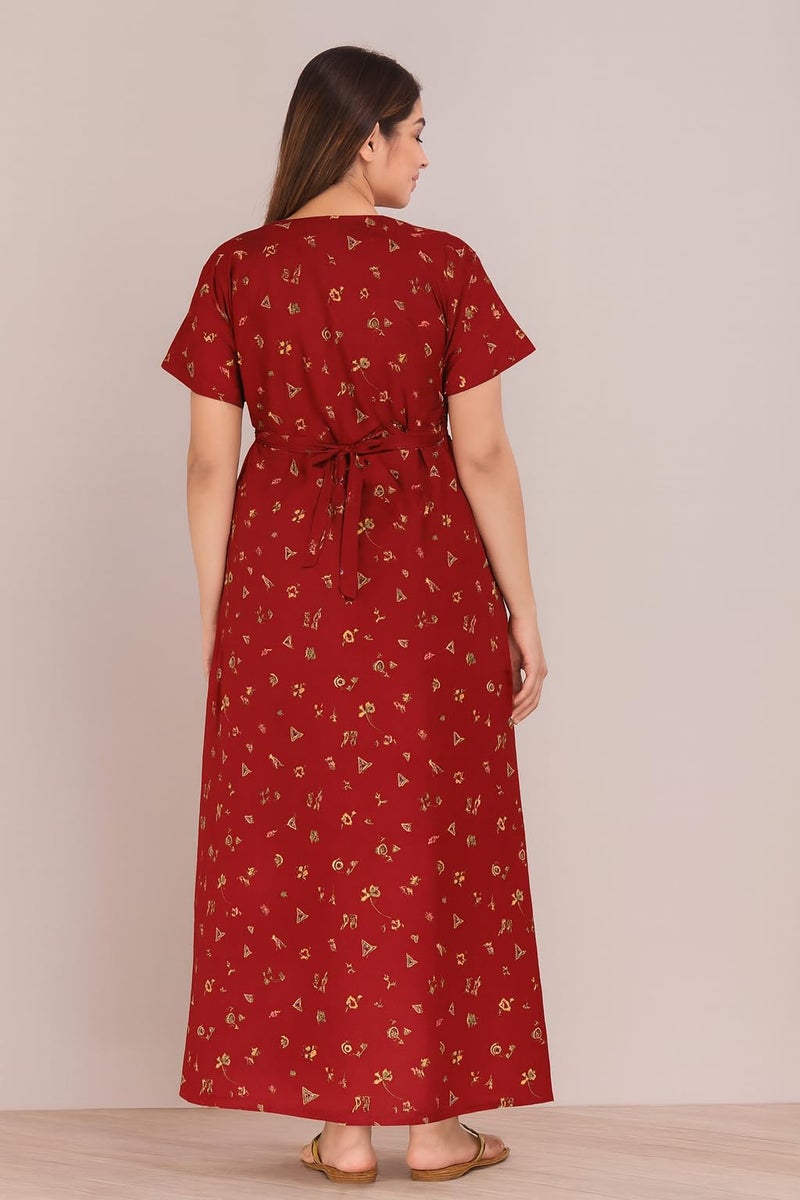 OFEEFAN Women’s Cotton Embroidered Jaipuri Nighty Gown – Pack of 2 Rajasthani Print Maxi Night Dress with Pocket – Soft & Comfortable Ladies Sleepwear & Loungewear (Red,DarkBlue, Free Size) - Image 5