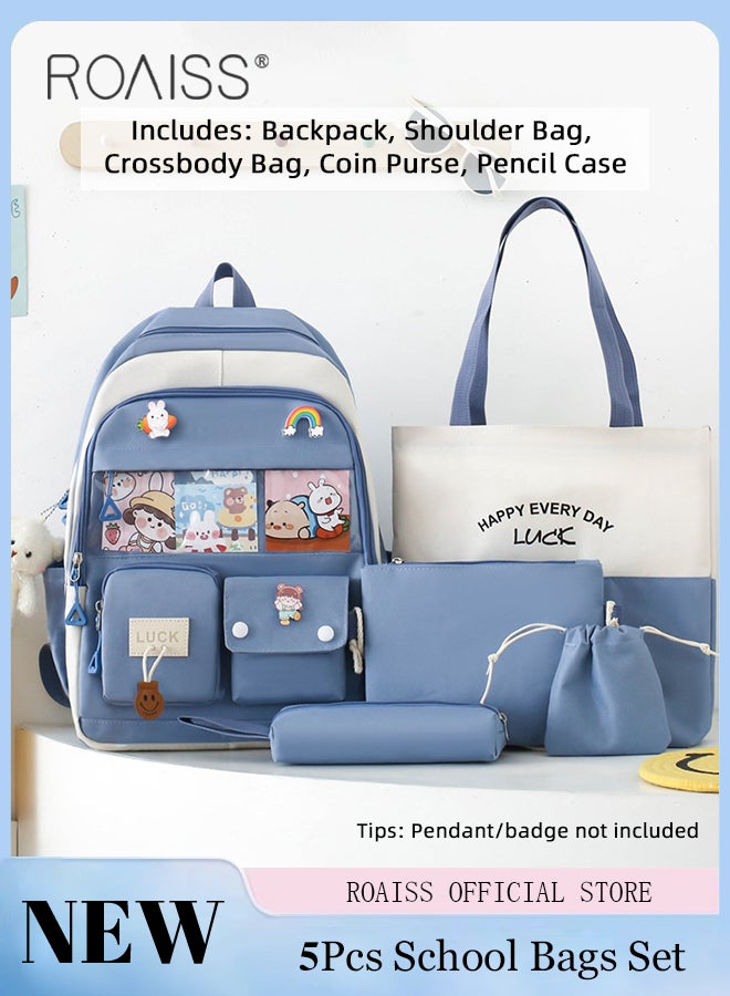 roaiss 5 Pcs Casual Backpack Set for Students Including Backpack Shoulder Bag Handbag Pen Case and Coin Bag Large Capacity Cute Practical Canvas Backpack Sets for Kids with Badge and Pendant  - Image 2