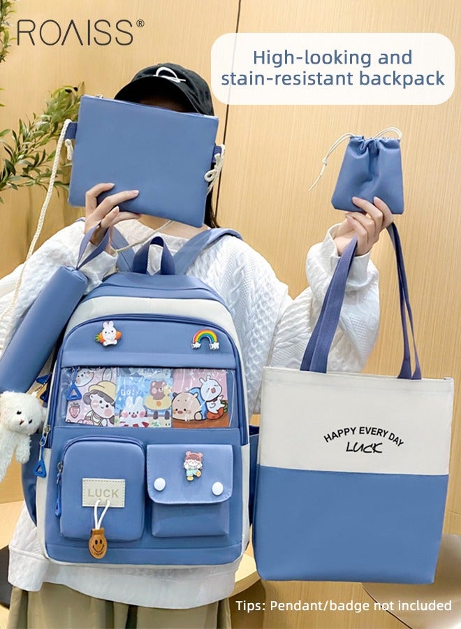 roaiss 5 Pcs Casual Backpack Set for Students Including Backpack Shoulder Bag Handbag Pen Case and Coin Bag Large Capacity Cute Practical Canvas Backpack Sets for Kids with Badge and Pendant  - Image 1