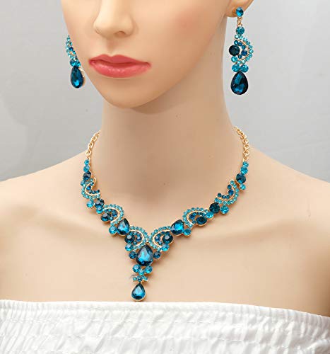 CSY 4 Pcs/Sets Elegant Crystal Necklace Earrings Bracelet Ring Bridal Wedding Costume Jewelry Sets for Brides Women Gifts (gold plated-aquamarine) - Image 3