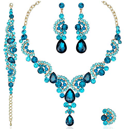 CSY 4 Pcs/Sets Elegant Crystal Necklace Earrings Bracelet Ring Bridal Wedding Costume Jewelry Sets for Brides Women Gifts (gold plated-aquamarine) - Image 1