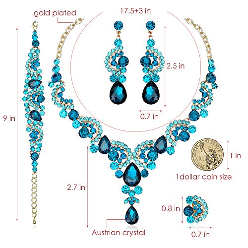 CSY 4 Pcs/Sets Elegant Crystal Necklace Earrings Bracelet Ring Bridal Wedding Costume Jewelry Sets for Brides Women Gifts (gold plated-aquamarine) - Image 2