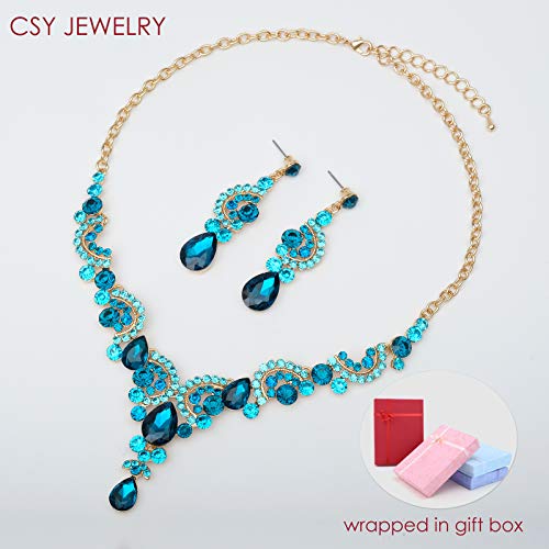 CSY 4 Pcs/Sets Elegant Crystal Necklace Earrings Bracelet Ring Bridal Wedding Costume Jewelry Sets for Brides Women Gifts (gold plated-aquamarine) - Image 4
