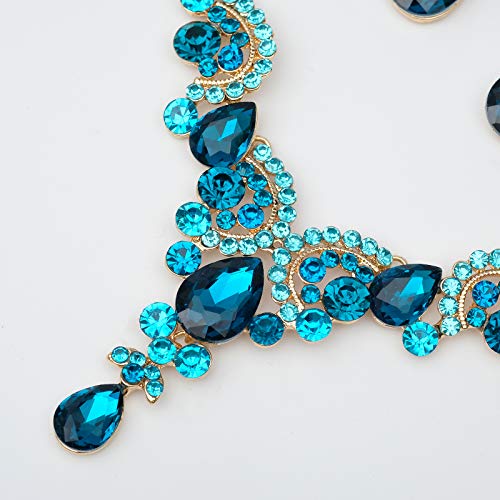 CSY 4 Pcs/Sets Elegant Crystal Necklace Earrings Bracelet Ring Bridal Wedding Costume Jewelry Sets for Brides Women Gifts (gold plated-aquamarine) - Image 5