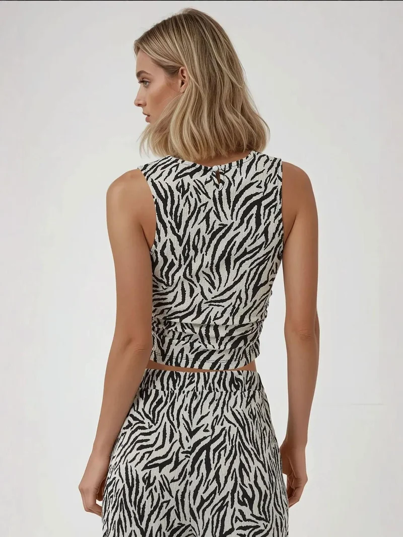 HICCUP Slim Fit Zebra Print Crew Neck Top