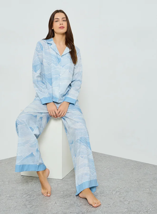 Styli Ethereal Print Contrast Cuff Shirt and Pyjama Set
