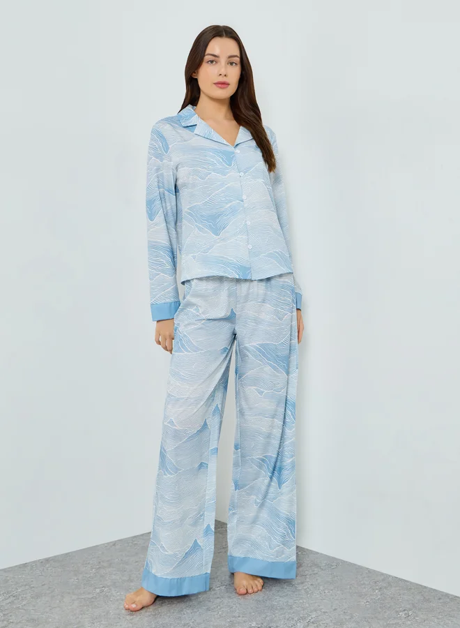 Styli Ethereal Print Contrast Cuff Shirt and Pyjama Set