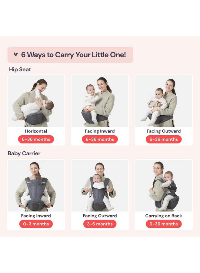 BabbleRoo 6-in-1 Baby Carrier with Hip Seat, Ergonomic, Cozy & Adjustable Toddler Carrier 7-50 lbs with Hip & Lumbar Support, Hood for Sun Protection, Baby Carrier Newborn to Toddler, Gray - Image 4