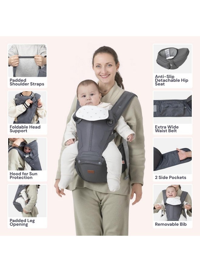 BabbleRoo 6-in-1 Baby Carrier with Hip Seat, Ergonomic, Cozy & Adjustable Toddler Carrier 7-50 lbs with Hip & Lumbar Support, Hood for Sun Protection, Baby Carrier Newborn to Toddler, Gray - Image 2
