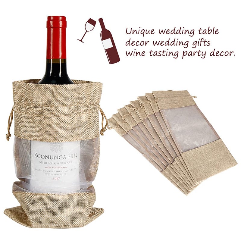 Shintop Wine Gift Bags, 10pcs Burlap Jute Bottle Bags 750ml with Sheer Window Organza Hessian Drawstring Pouches for Wedding Festival Wine Tasting Party Favors (14 x 6.3 inches) - Image 5