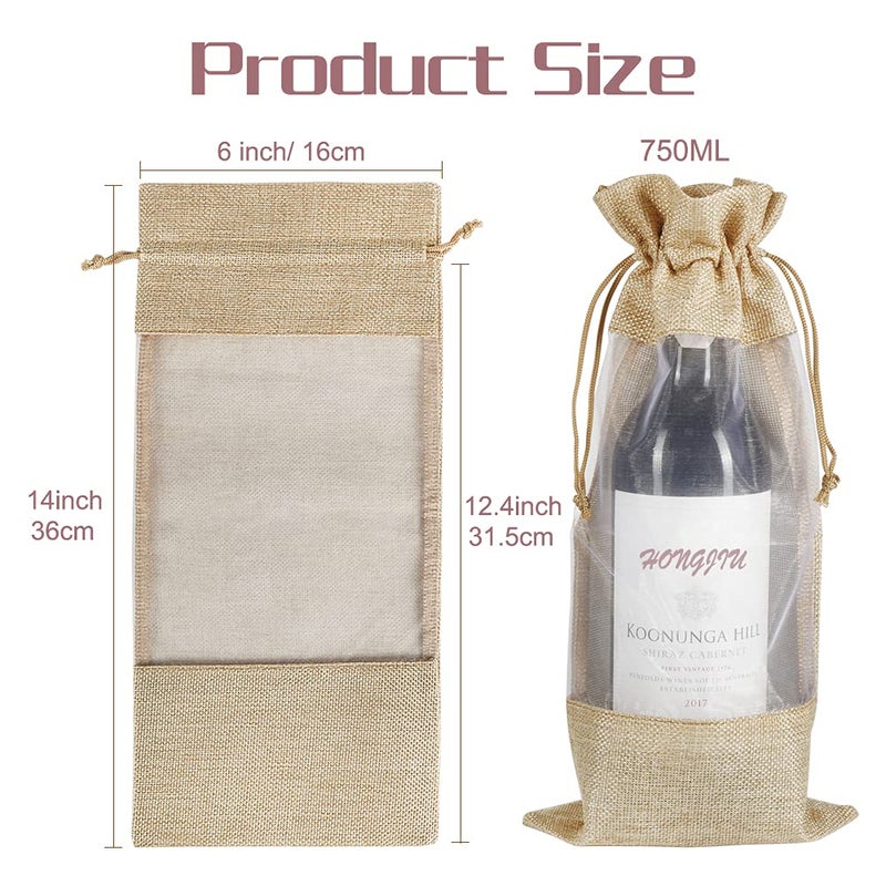 Shintop Wine Gift Bags, 10pcs Burlap Jute Bottle Bags 750ml with Sheer Window Organza Hessian Drawstring Pouches for Wedding Festival Wine Tasting Party Favors (14 x 6.3 inches) - Image 2
