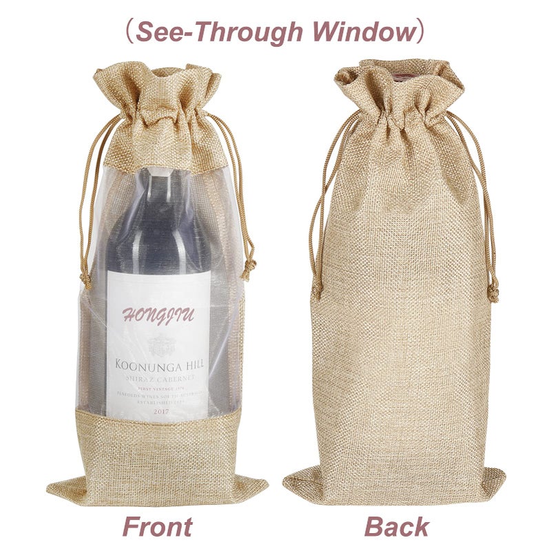 Shintop Wine Gift Bags, 10pcs Burlap Jute Bottle Bags 750ml with Sheer Window Organza Hessian Drawstring Pouches for Wedding Festival Wine Tasting Party Favors (14 x 6.3 inches) - Image 4