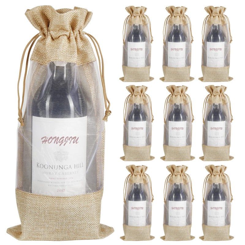 Shintop Wine Gift Bags, 10pcs Burlap Jute Bottle Bags 750ml with Sheer Window Organza Hessian Drawstring Pouches for Wedding Festival Wine Tasting Party Favors (14 x 6.3 inches) - Image 1