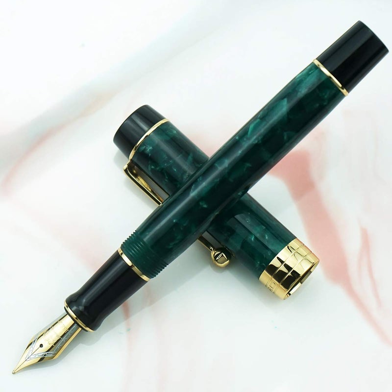 Lanxivi Jinhao 100 Classic Fountain Pen Green Celluloid, Extra Fine Nib with Converter and Pen Case Set - Image 4