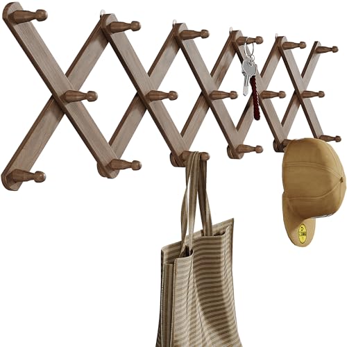 OROPY Wood Accordion Wall Hanger, Expandable Coat Rack Wall Mount with 17 Pegs, Expanding Hat Rack for Wall Walnut Color - Image 1