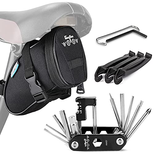 WOTOW Bike Repair Tool Kit & Bike Saddle Bag, 14 in 1 Bike Chain Tool Hex Key Wrench Maintain Accessories Multitool Set with Portable Under Seat Bag for Road Mountain Commuter Bicycle(Black) - Image 1