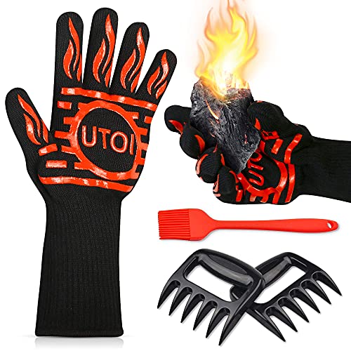 UTOI BBQ Grill Gloves Kit, 1472°F Heat Resistant BBQ Gloves/Long Non-Slip Oven Mitts, Meat Shredder Claws & Silicone Basting Brush for Grilling, Smoker, Baking, Barbecue, Kitchen & Outdoor Cooking - Image 1