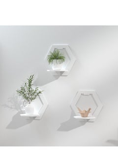 KASTWAVE Shelves for Wall, PVC Floating Shelf Easy Assembly, 29x29x18cm, Practical and Decorative Shelf for Children's Room, Living Room, Bedroom, Hexagon, White, Set of 3  - Image 1