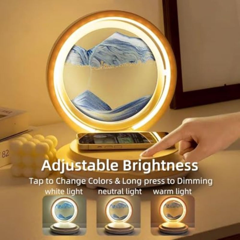 Moving Sand Art Picture Lamp for bedroom and living room, acrylic and wood, warm white and amber, wireless charging and Bluetooth speaker integration - Image 4