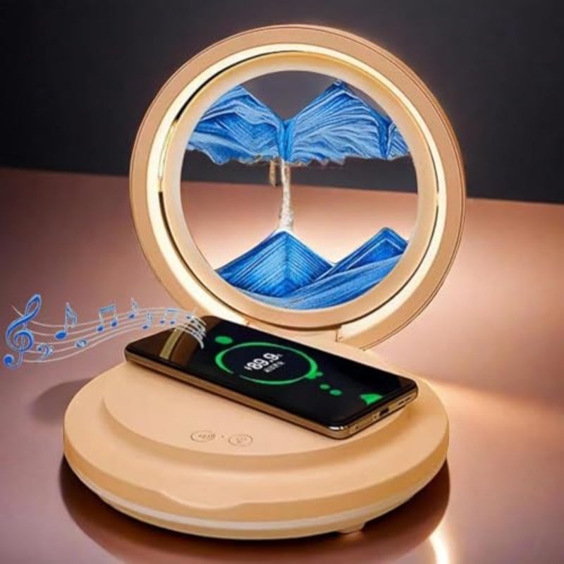 Moving Sand Art Picture Lamp for bedroom and living room, acrylic and wood, warm white and amber, wireless charging and Bluetooth speaker integration - Image 1