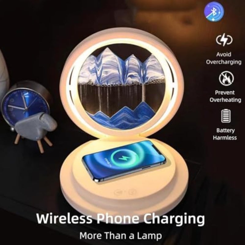 Moving Sand Art Picture Lamp for bedroom and living room, acrylic and wood, warm white and amber, wireless charging and Bluetooth speaker integration - Image 3
