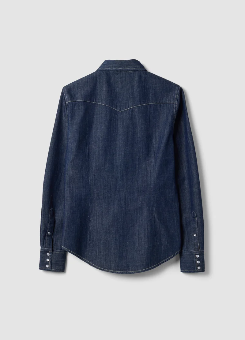 او في اس OVS Dark Blue Pure Cotton Denim Shirt, Regular Fit